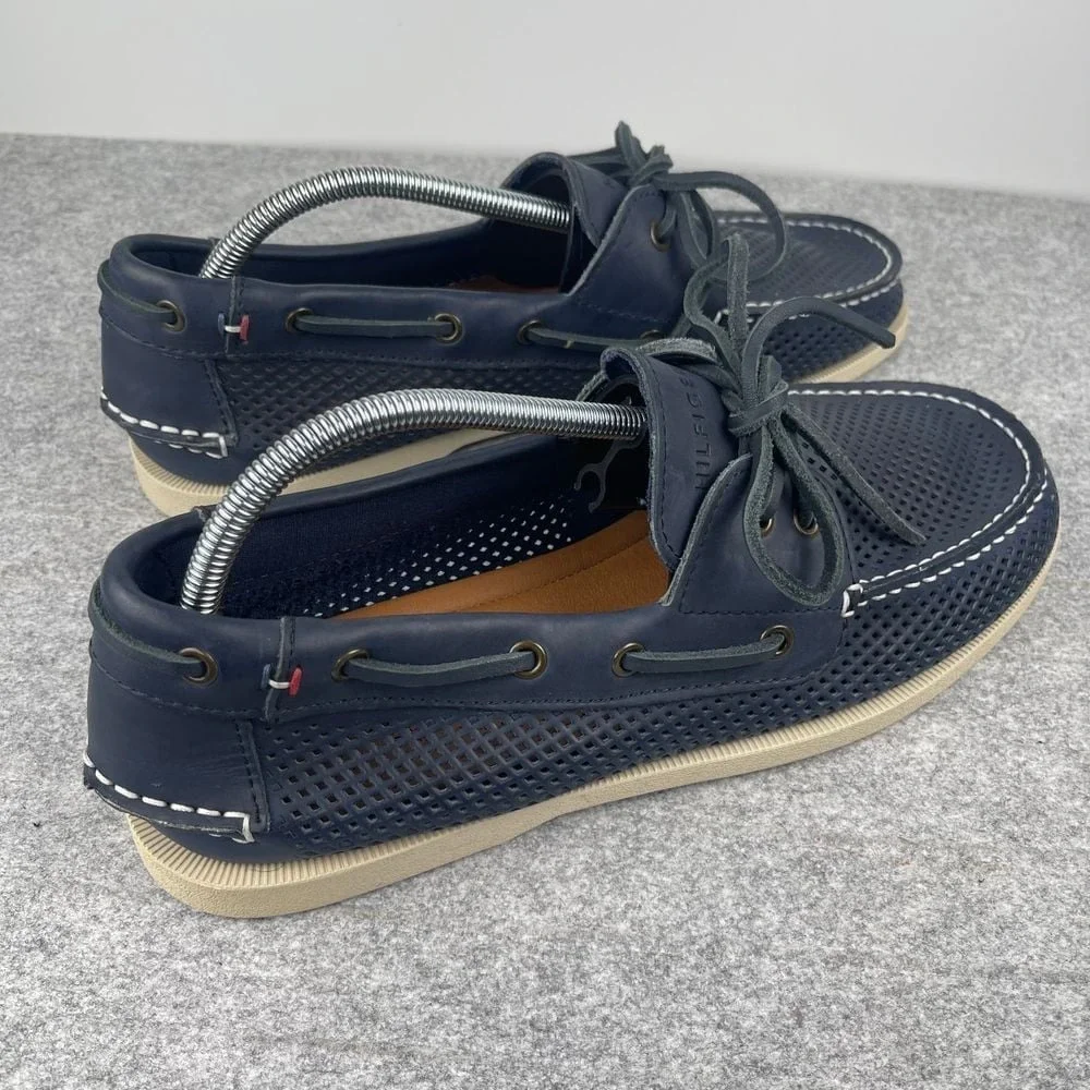 Tommy Hilfiger men's 10.5 navy blue and white boat shoes, deck loafers, leather